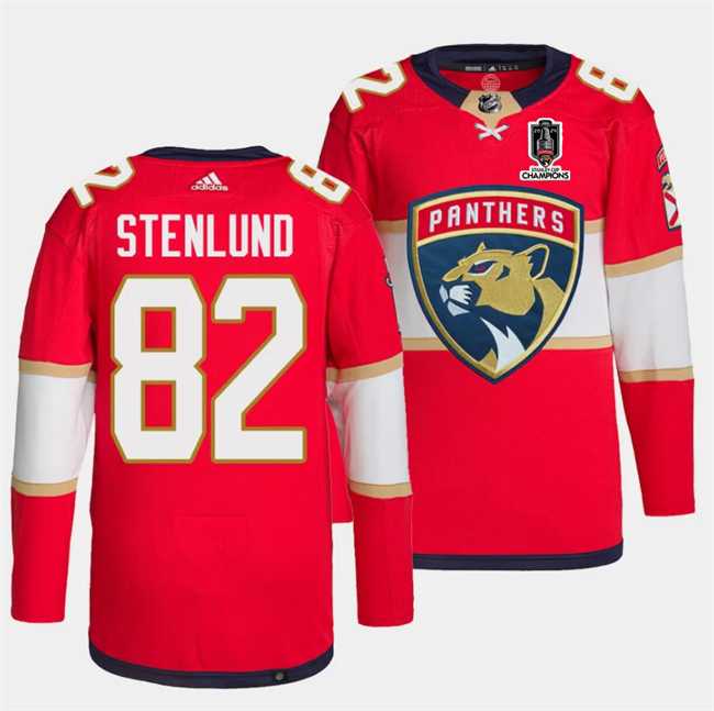 Men%27s Florida Panthers #82 Kevin Stenlund Red Home 2024 Stanley Cup Champions Stitched Jersey Dzhi